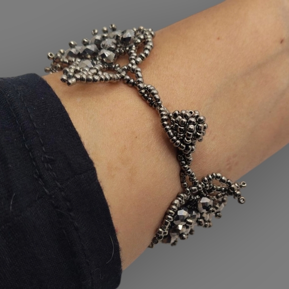 Handmade Hematite Gemstone/Glass Seed Bead Woven Stretch Bracelet Boho - Picture 8 of 10